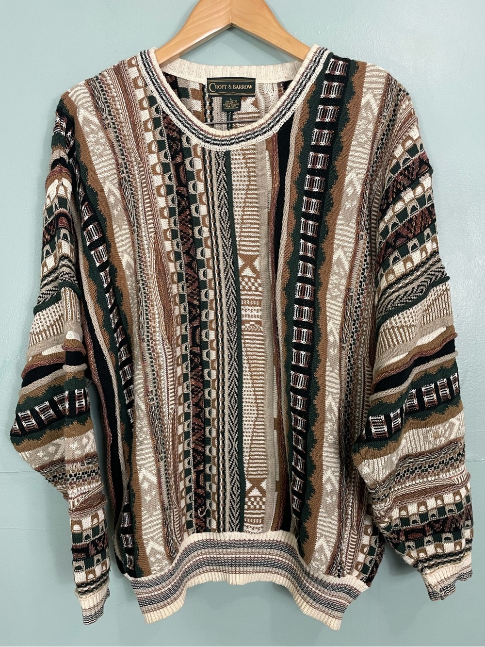 Vintage‎ Croft & Barrow Sweater Coogi Style 3D Crewneck Brown Tan Men Large